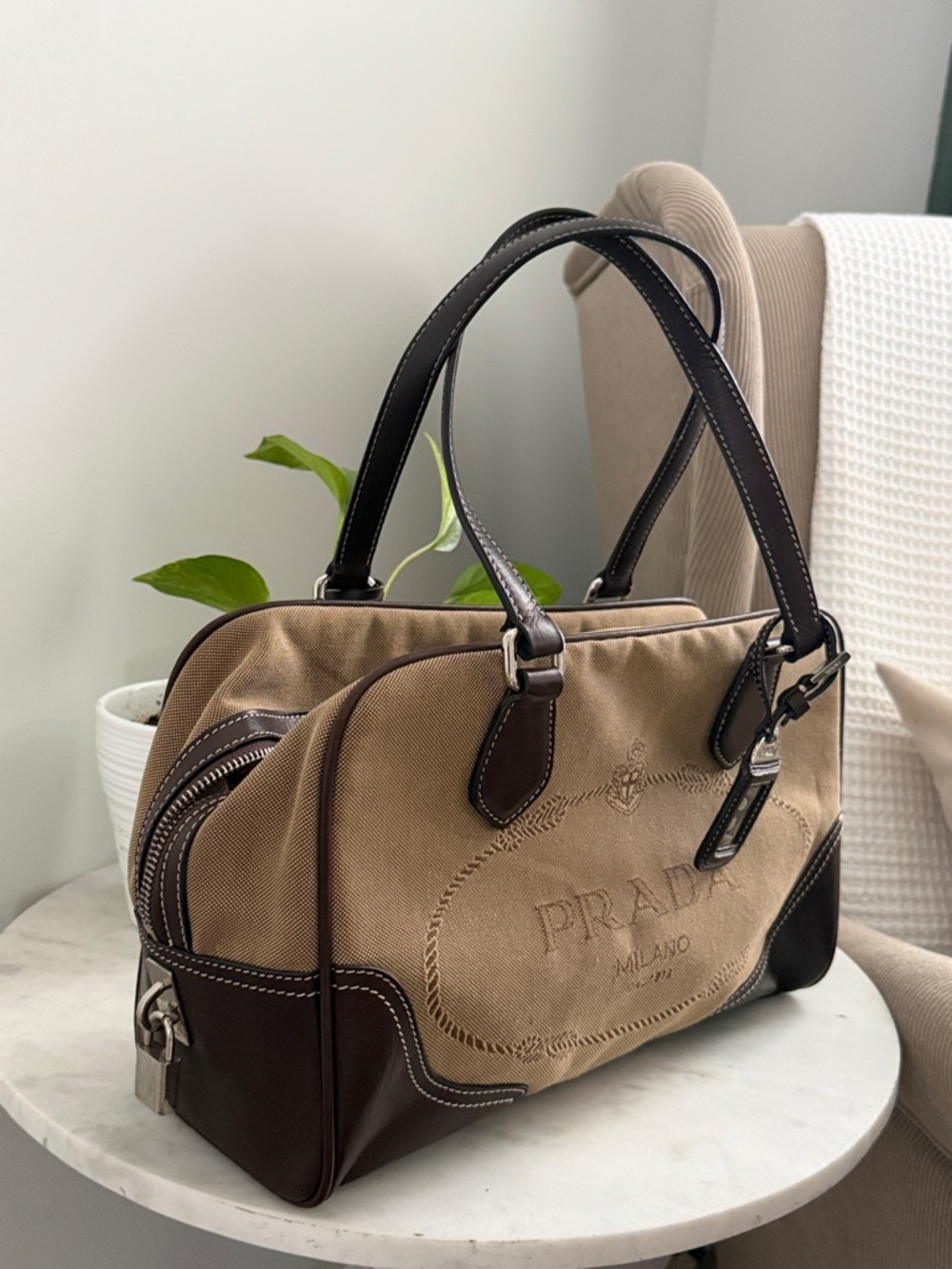 Prada Beige Canvas with Brown Leather Trim Satchel Vintage
